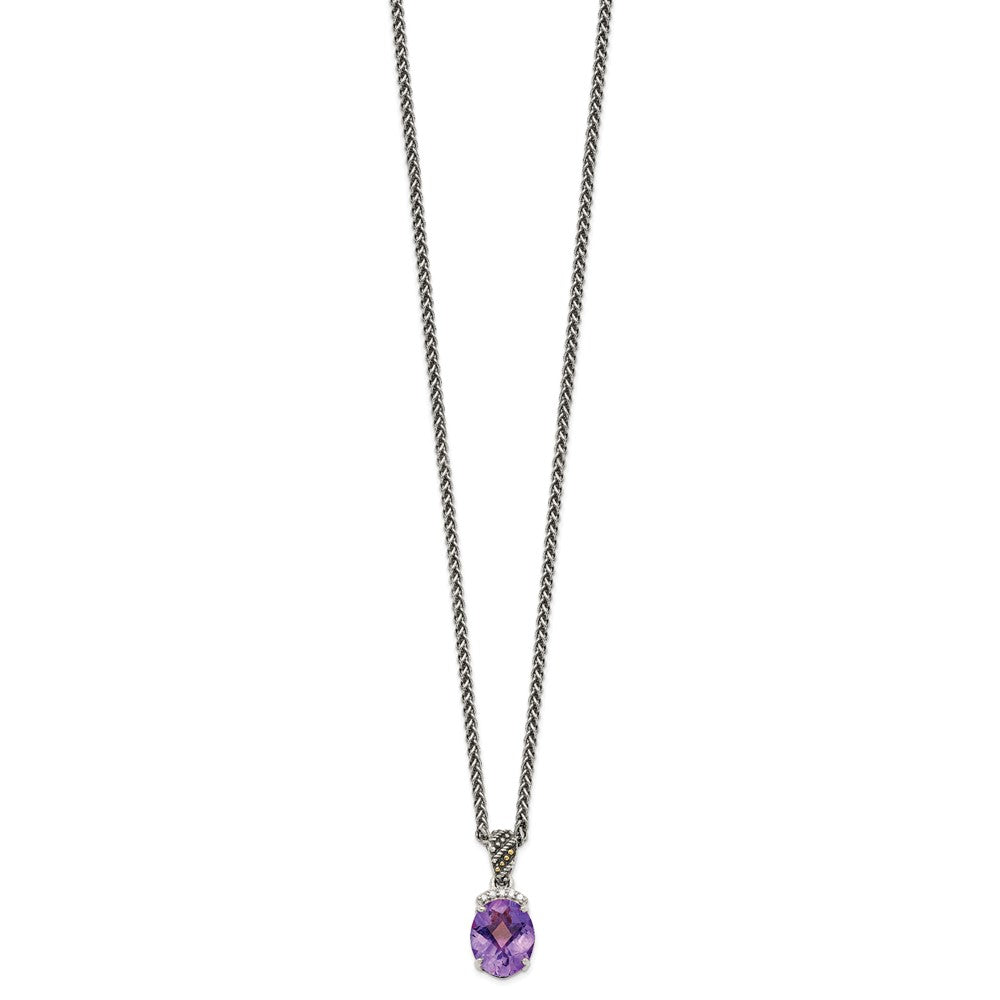 14K/silver Bicolor Shey Couture Sterlingsilber mit 14K Akzente 18 Zoll Antikisiert Schachbrett Schliff Oval Amethyst und Diamant Halskette