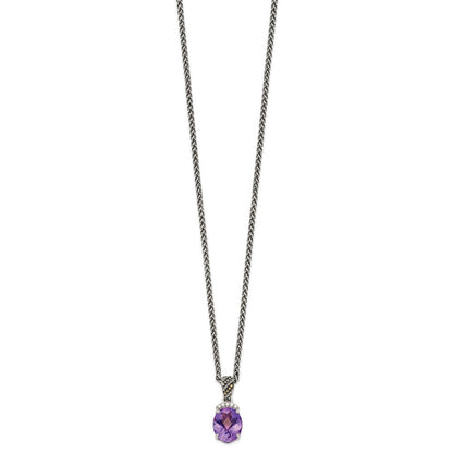 14K/silver Bicolor Shey Couture Sterlingsilber mit 14K Akzente 18 Zoll Antikisiert Schachbrett Schliff Oval Amethyst und Diamant Halskette