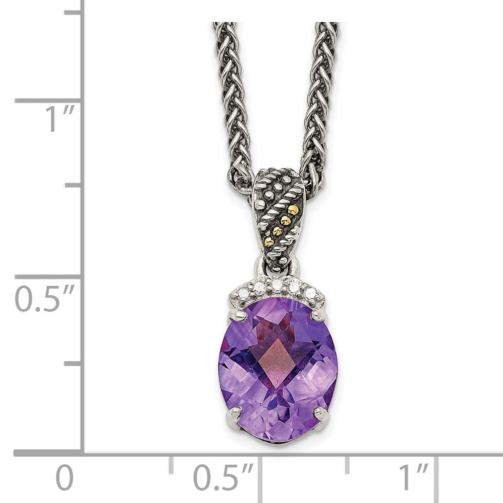 14K/silver Bicolor Shey Couture Sterlingsilber mit 14K Akzente 18 Zoll Antikisiert Schachbrett Schliff Oval Amethyst und Diamant Halskette