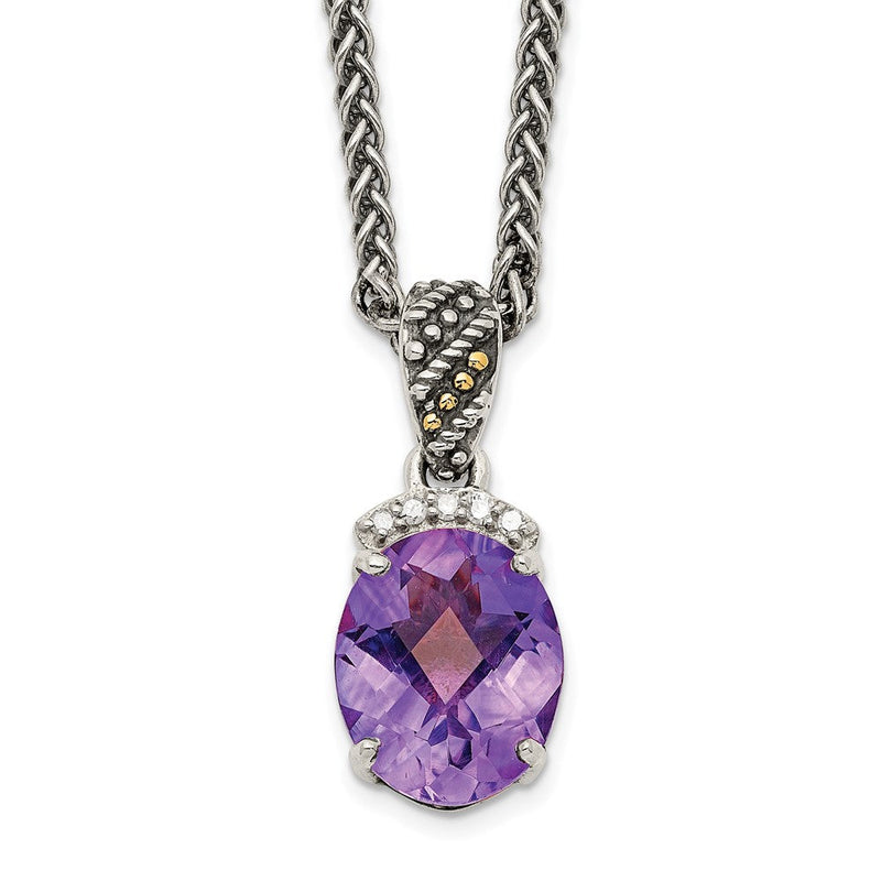 14K/silver Bicolor Shey Couture Sterlingsilber mit 14K Akzente 18 Zoll Antikisiert Schachbrett Schliff Oval Amethyst und Diamant Halskette