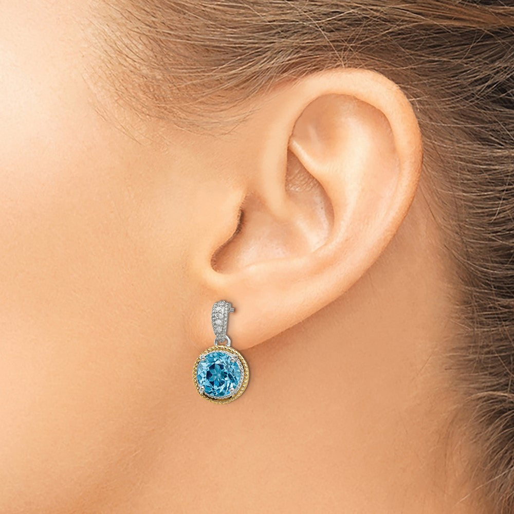 14K/silver Bicolor Shey Couture Sterlingsilber mit 14K Akzente Antikisiert Rund Blautopas Diamant Stecker Ohrhänger