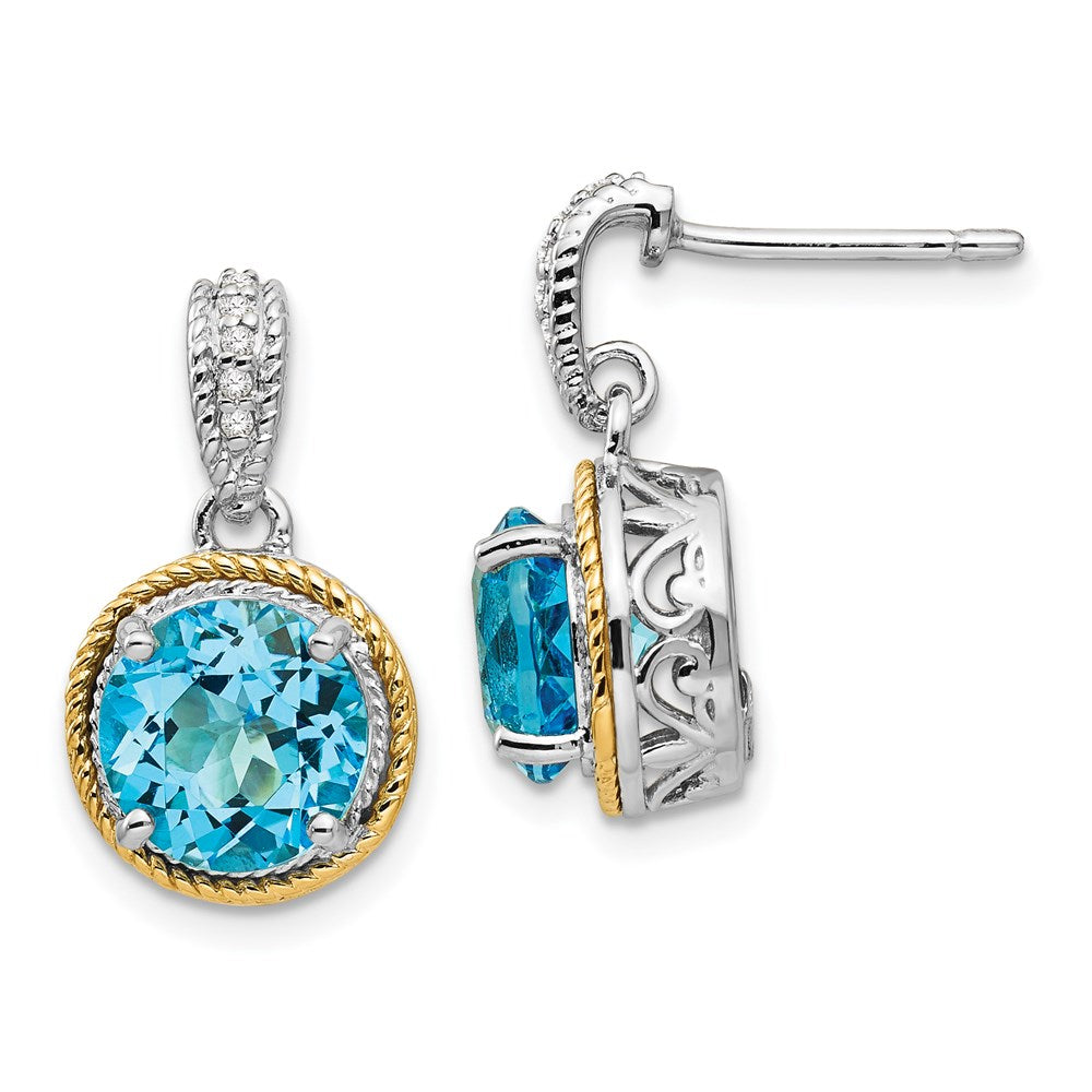 14K/silver Bicolor Shey Couture Sterlingsilber mit 14K Akzente Antikisiert Rund Blautopas Diamant Stecker Ohrhänger