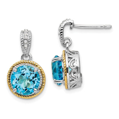 14K/silver Bicolor Shey Couture Sterlingsilber mit 14K Akzente Antikisiert Rund Blautopas Diamant Stecker Ohrhänger