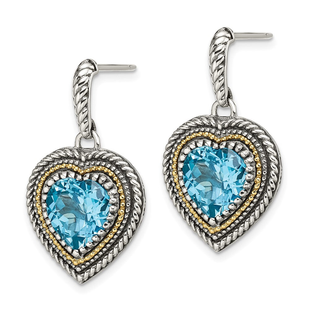14K/silver Bicolor Shey Couture Sterlingsilber mit 14K Akzente Antikisiert Licht Schweizer Blautopas Herz Hängend Ohrstecker