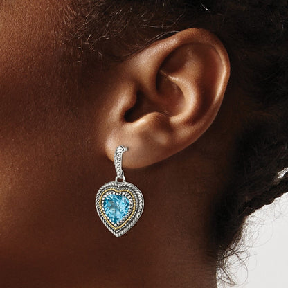 14K/silver Bicolor Shey Couture Sterlingsilber mit 14K Akzente Antikisiert Licht Schweizer Blautopas Herz Hängend Ohrstecker