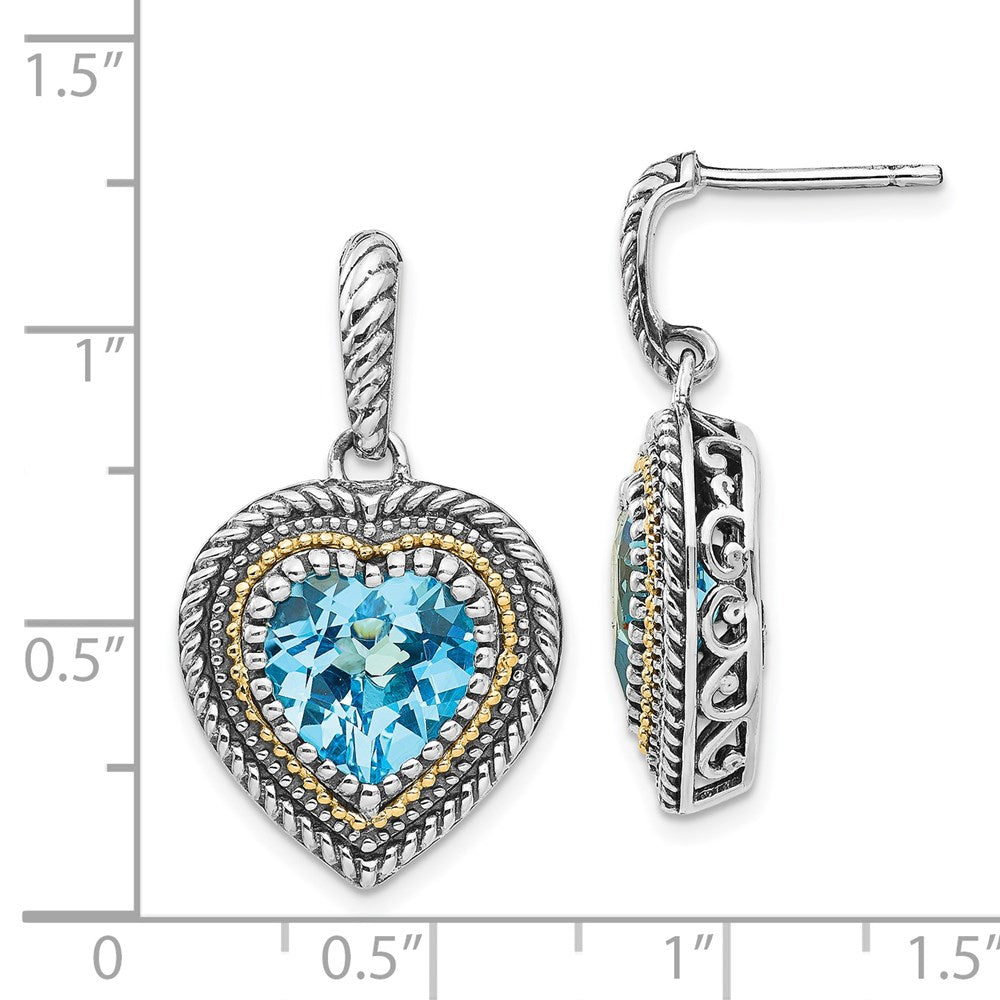 14K/silver Bicolor Shey Couture Sterlingsilber mit 14K Akzente Antikisiert Licht Schweizer Blautopas Herz Hängend Ohrstecker