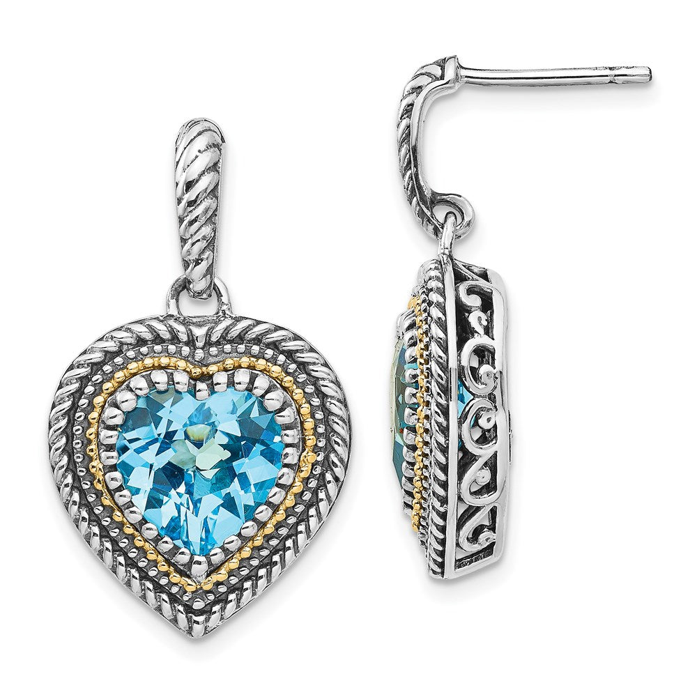 14K/silver Bicolor Shey Couture Sterlingsilber mit 14K Akzente Antikisiert Licht Schweizer Blautopas Herz Hängend Ohrstecker