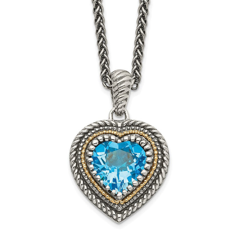 14K/silver Bicolor Shey Couture Sterlingsilber mit 14K Akzente 18 Zoll Antikisiert Licht Schweizer Blautopas Herz Halskette