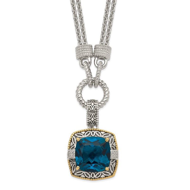 14K/silver Bicolor Shey Couture Sterlingsilber mit 14K Akzente 17 Zoll Antikisiert Kissen London Blautopas und Diamant Plus 1 Zoll. Verlängerung. Halskette
