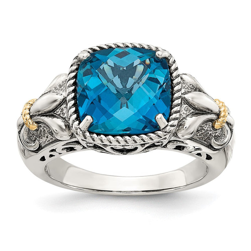 14K/silver Bicolor Shey Couture Sterlingsilber mit 14K Akzente Antikisiert Schachbrett Kissen London Blautopas Ring