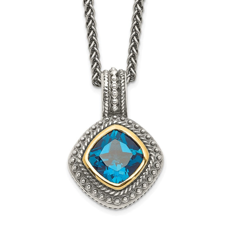 14K/silver Bicolor Shey Couture Sterlingsilber mit 14K Akzente 18 Zoll Antikisiert Kissen Zargenfassung London Blautopas Halskette