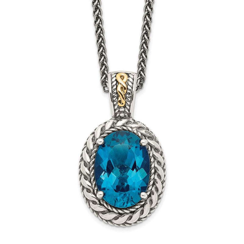 14K/silver Bicolor Shey Couture Sterlingsilber mit 14K Akzente 18 Zoll Antikisiert Oval London Blautopas Klappbar Bail Halskette