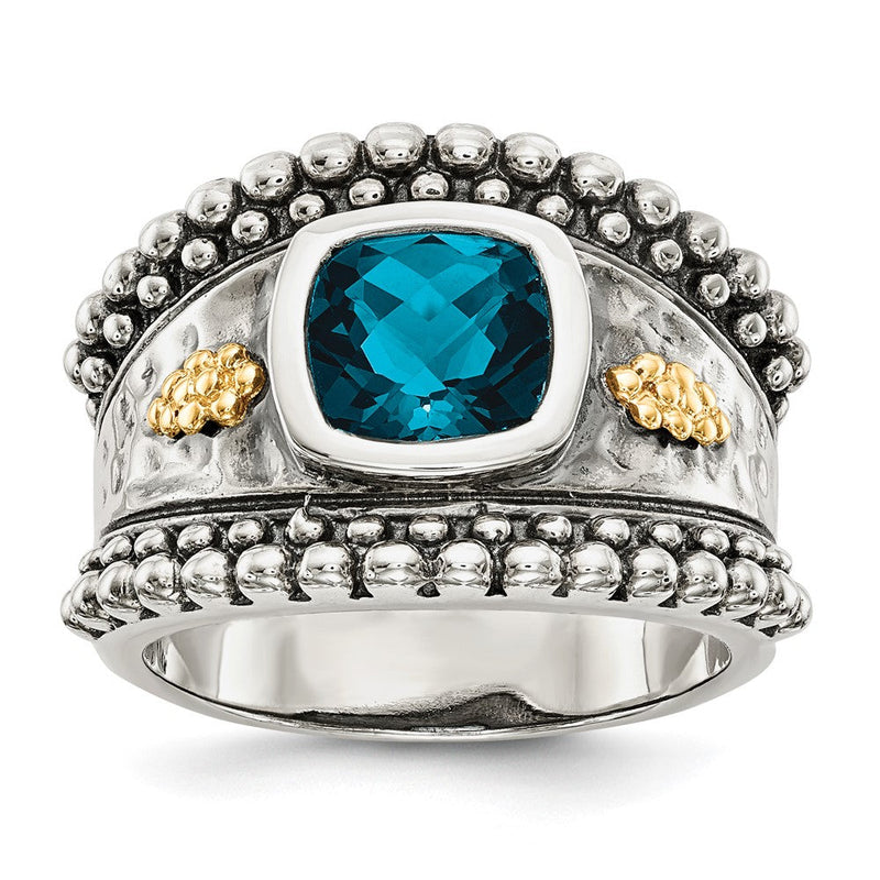 14K/silver Bicolor Shey Couture Sterlingsilber mit 14K Akzente Antikisiert Schachbrett Kissen London Blautopas Ring