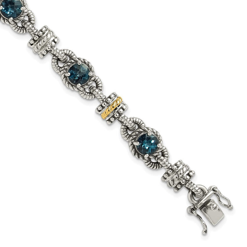 14K/silver Bicolor Shey Couture Sterlingsilber mit 14K Akzente 7.25 Zoll Antikisiert Rund London Blautopas Armband