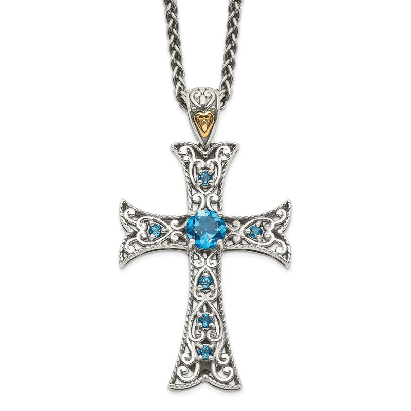 14K/silver Bicolor Shey Couture Sterlingsilber mit 14K Akzente 18 Zoll Antikisiert Rund London Blautopas Kreuz Halskette
