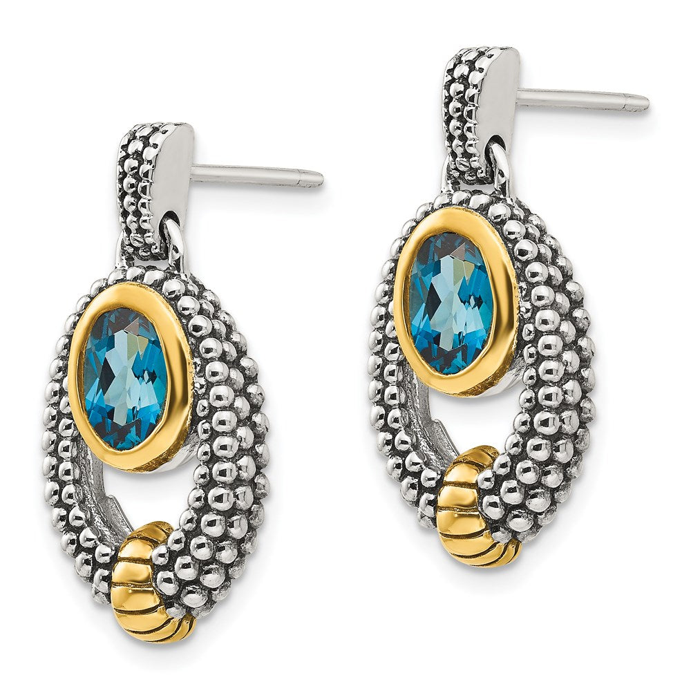 Shey Couture Ohrstecker mit Anhänger, Sterlingsilber goldfarben flash-vergoldet, antik, London-Blautopas im Ovalschliff in Zargenfassung