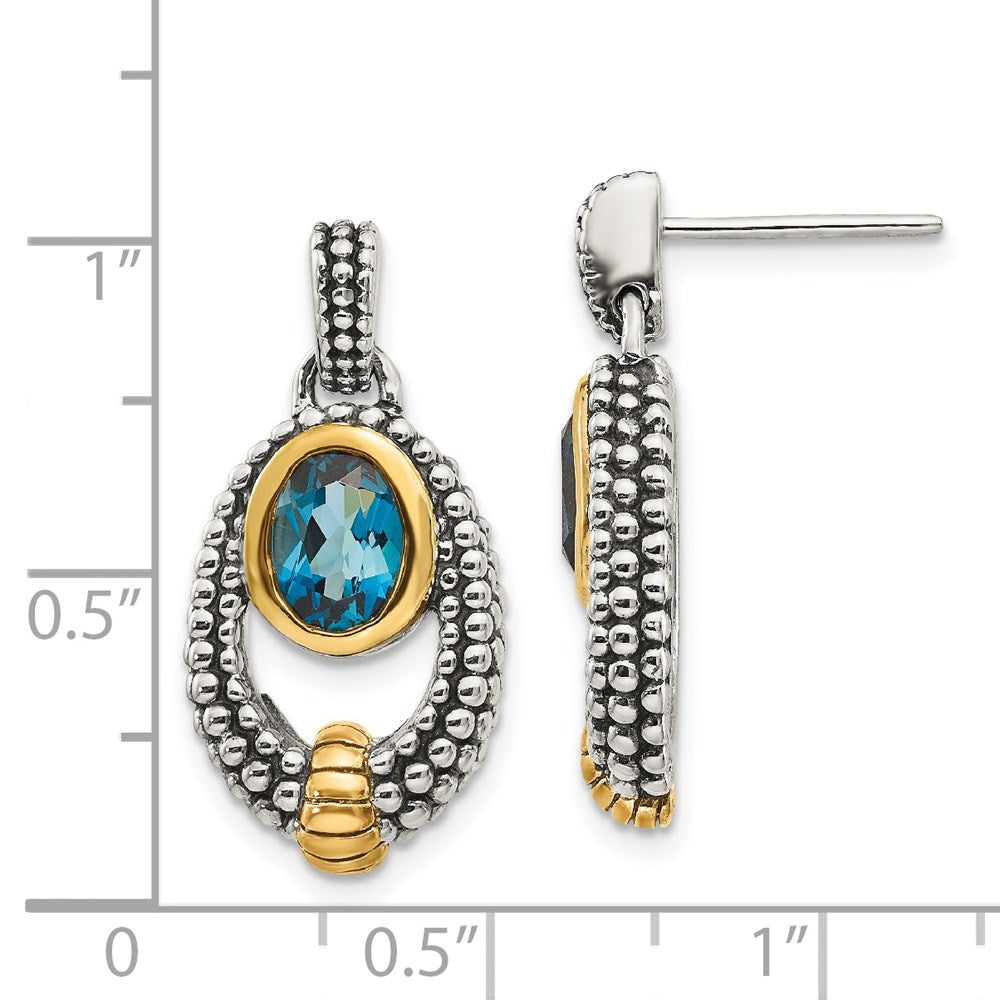 Shey Couture Ohrstecker mit Anhänger, Sterlingsilber goldfarben flash-vergoldet, antik, London-Blautopas im Ovalschliff in Zargenfassung