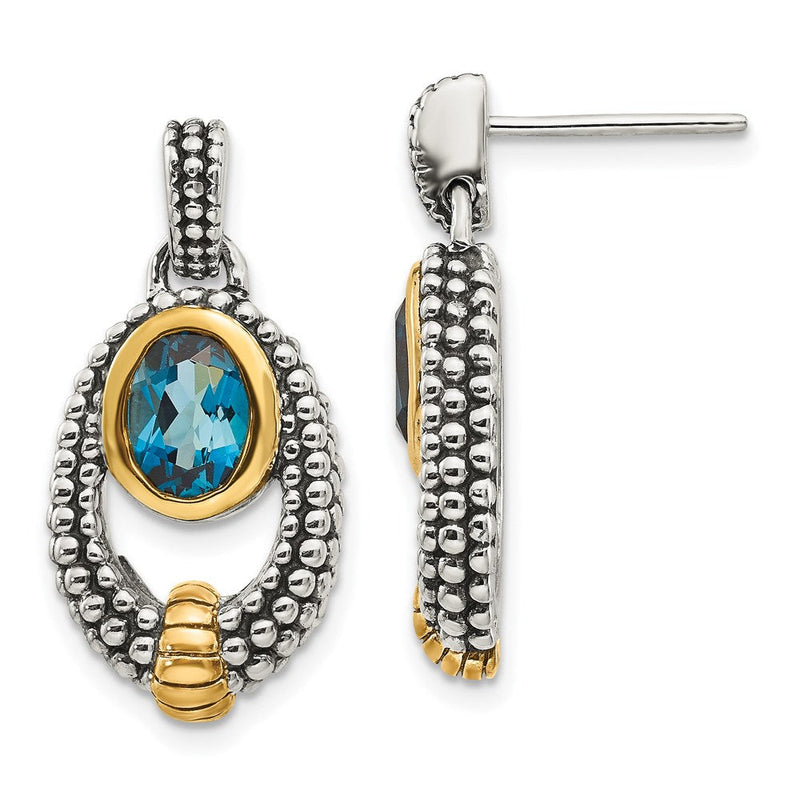 Shey Couture Ohrstecker mit Anhänger, Sterlingsilber goldfarben flash-vergoldet, antik, London-Blautopas im Ovalschliff in Zargenfassung