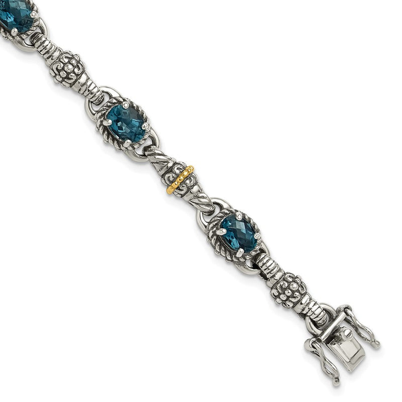 14K/silver Bicolor Shey Couture Sterlingsilber mit 14K Akzente 7.25 Zoll Antikisiert Oval London Blautopas Armband