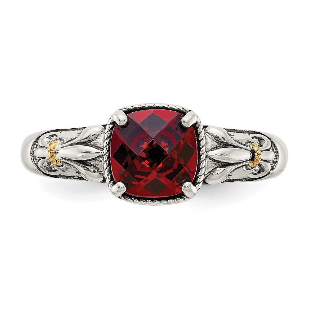 14K/silver Bicolor Shey Couture Sterlingsilber mit 14K Akzente Antikisiert Kissen Schachbrett Granat Ring