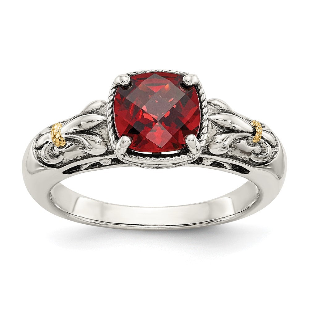 14K/silver Bicolor Shey Couture Sterlingsilber mit 14K Akzente Antikisiert Kissen Schachbrett Granat Ring