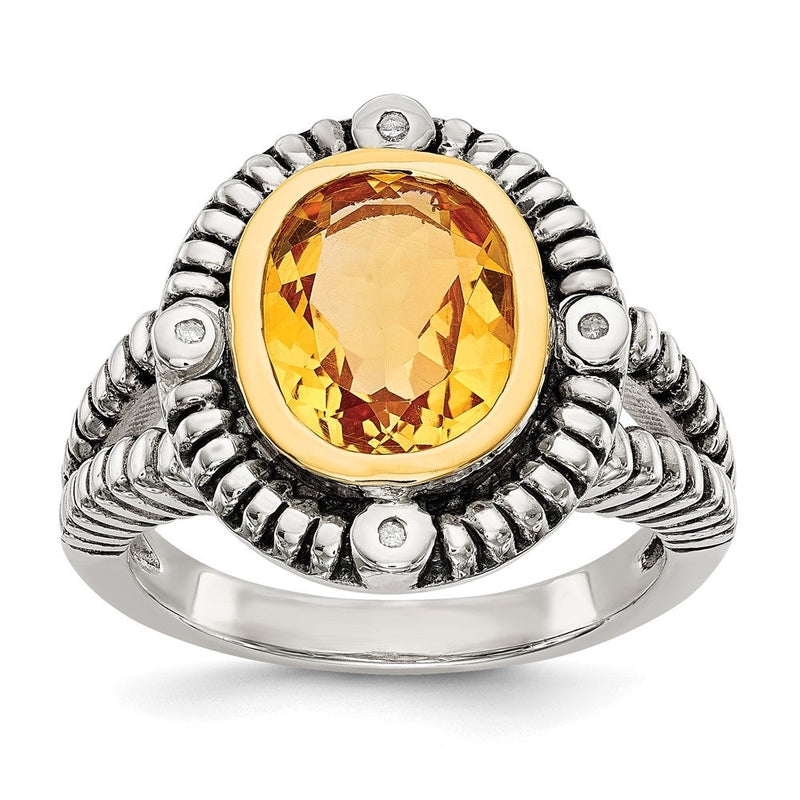 14K/silver Bicolor Shey Couture Sterlingsilber mit 14K Akzente Antikisiert Oval Zargenfassung Citrin Diamant Ring (size 6 Nur)