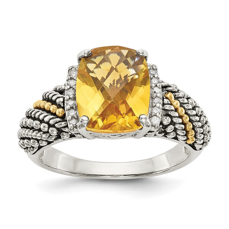 14K/silver Bicolor Shey Couture Sterlingsilber mit 14K Akzente Antikisiert Diamant und Schachbrett Kissen Citrin Ring