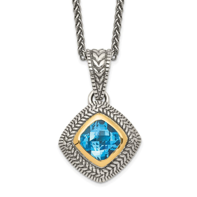 14K/silver Bicolor Shey Couture Sterlingsilber mit 14K Akzente 18 Zoll Antikisiert Kissen Zargenfassung Himmel Blautopas Halskette