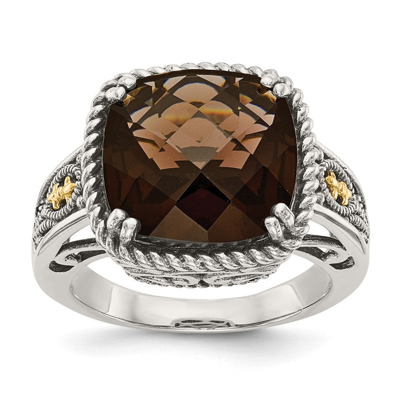 14K/silver Bicolor Shey Couture Sterlingsilber mit 14K Akzente Antikisiert Kissen Schachbrett Rauch Quarz Ring