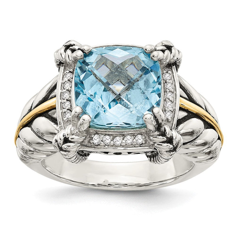 14K/silver Bicolor Shey Couture Sterlingsilber mit 14K Akzente Antikisiert Schachbrett Kissen Himmel Blautopas und Diamant Ring