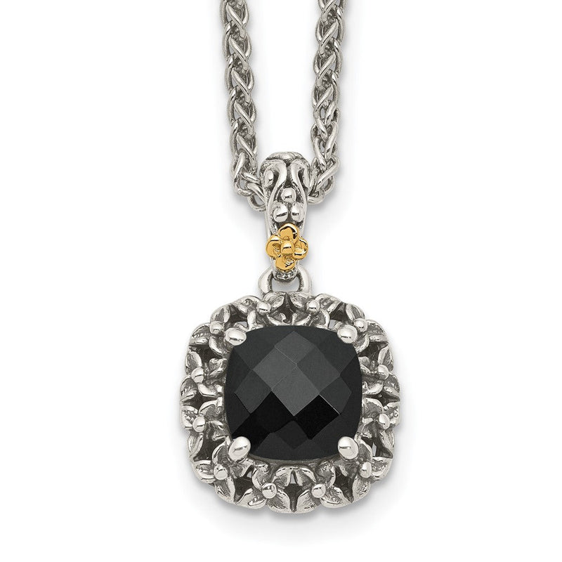 14K/silver Bicolor Shey Couture Sterlingsilber mit 14K Akzente 18 Zoll Antikisiert Schachbrett Schliff Schwarz Onyx Halskette