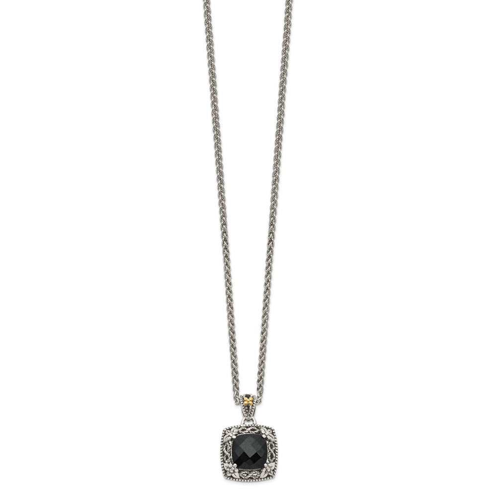 14K/silver Bicolor Shey Couture Sterlingsilber mit 14K Akzente 18 Zoll Antikisiert Schachbrett Schliff Schwarz Onyx Halskette
