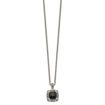 14K/silver Bicolor Shey Couture Sterlingsilber mit 14K Akzente 18 Zoll Antikisiert Schachbrett Schliff Schwarz Onyx Halskette