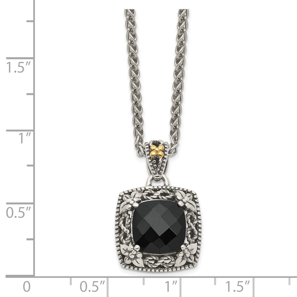 14K/silver Bicolor Shey Couture Sterlingsilber mit 14K Akzente 18 Zoll Antikisiert Schachbrett Schliff Schwarz Onyx Halskette