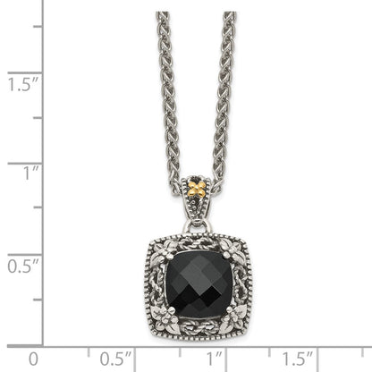 14K/silver Bicolor Shey Couture Sterlingsilber mit 14K Akzente 18 Zoll Antikisiert Schachbrett Schliff Schwarz Onyx Halskette
