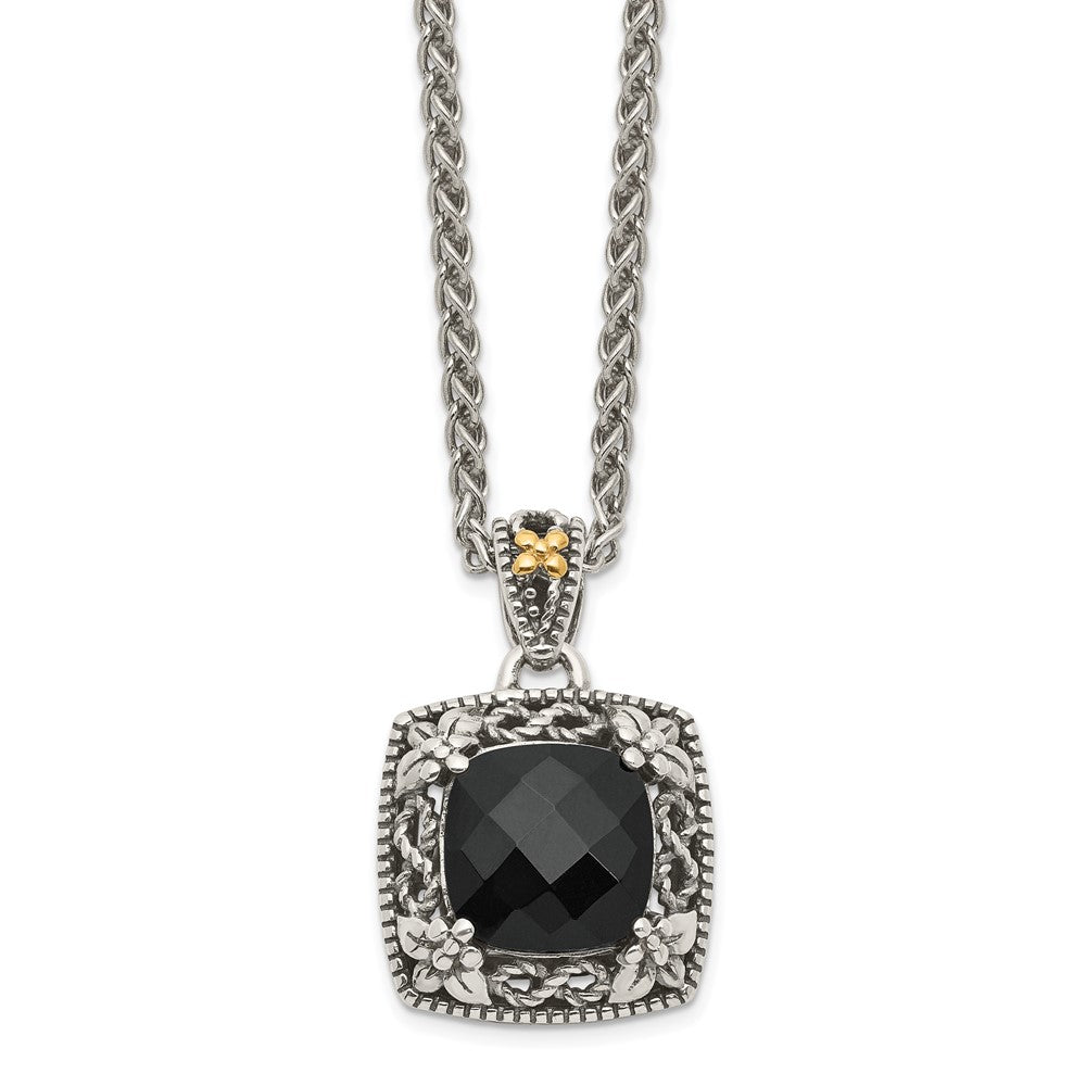 14K/silver Bicolor Shey Couture Sterlingsilber mit 14K Akzente 18 Zoll Antikisiert Schachbrett Schliff Schwarz Onyx Halskette