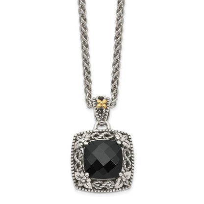 14K/silver Bicolor Shey Couture Sterlingsilber mit 14K Akzente 18 Zoll Antikisiert Schachbrett Schliff Schwarz Onyx Halskette