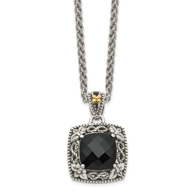 14K/silver Bicolor Shey Couture Sterlingsilber mit 14K Akzente 18 Zoll Antikisiert Schachbrett Schliff Schwarz Onyx Halskette