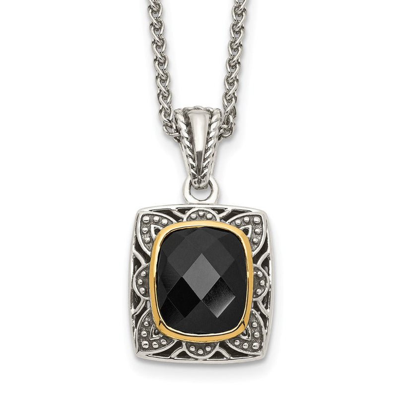 14K/silver Bicolor Shey Couture Sterlingsilber mit 14K Akzente 18 Zoll Antikisiert Schachbrett Schliff Schwarz Onyx Halskette