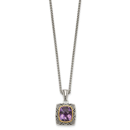 14K/silver Bicolor Shey Couture Sterlingsilber mit 14K Akzente 18 Zoll Antikisiert Schachbrett Schliff Kissen Zargenfassung Amethyst Halskette