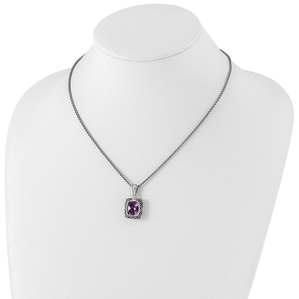 14K/silver Bicolor Shey Couture Sterlingsilber mit 14K Akzente 18 Zoll Antikisiert Schachbrett Schliff Kissen Zargenfassung Amethyst Halskette