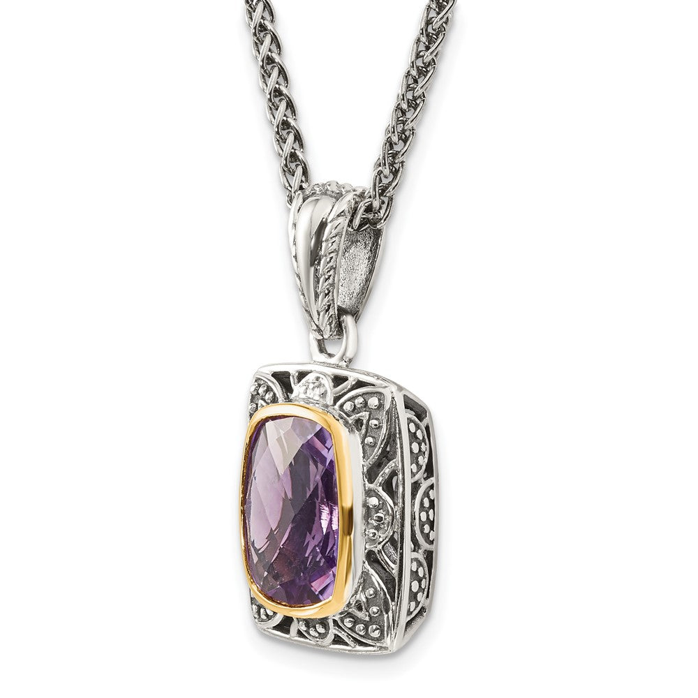14K/silver Bicolor Shey Couture Sterlingsilber mit 14K Akzente 18 Zoll Antikisiert Schachbrett Schliff Kissen Zargenfassung Amethyst Halskette