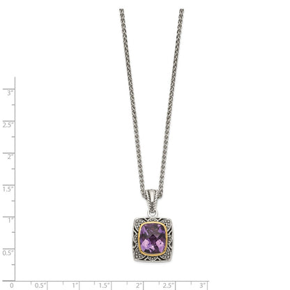 14K/silver Bicolor Shey Couture Sterlingsilber mit 14K Akzente 18 Zoll Antikisiert Schachbrett Schliff Kissen Zargenfassung Amethyst Halskette