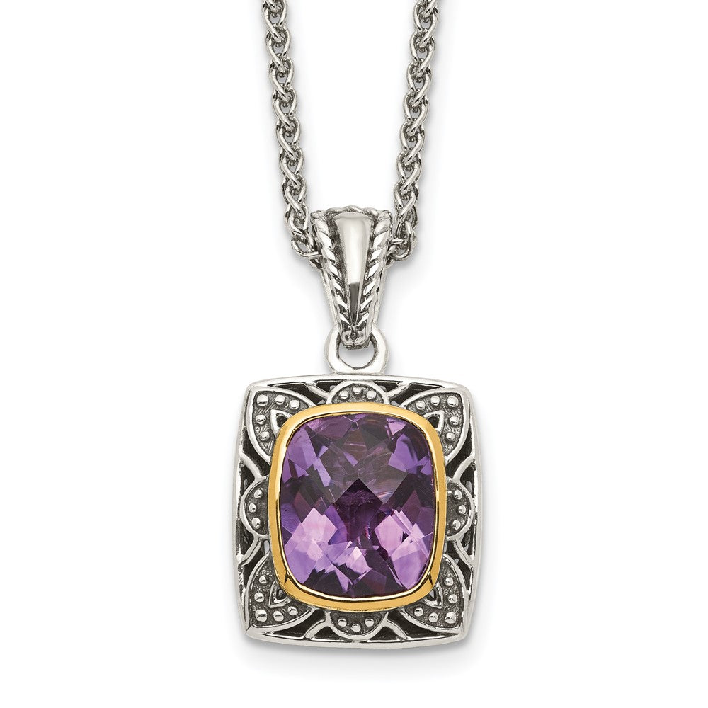 14K/silver Bicolor Shey Couture Sterlingsilber mit 14K Akzente 18 Zoll Antikisiert Schachbrett Schliff Kissen Zargenfassung Amethyst Halskette