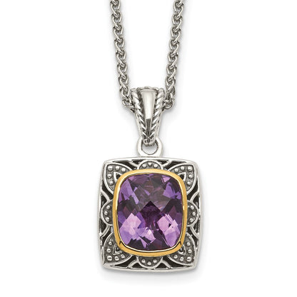 14K/silver Bicolor Shey Couture Sterlingsilber mit 14K Akzente 18 Zoll Antikisiert Schachbrett Schliff Kissen Zargenfassung Amethyst Halskette