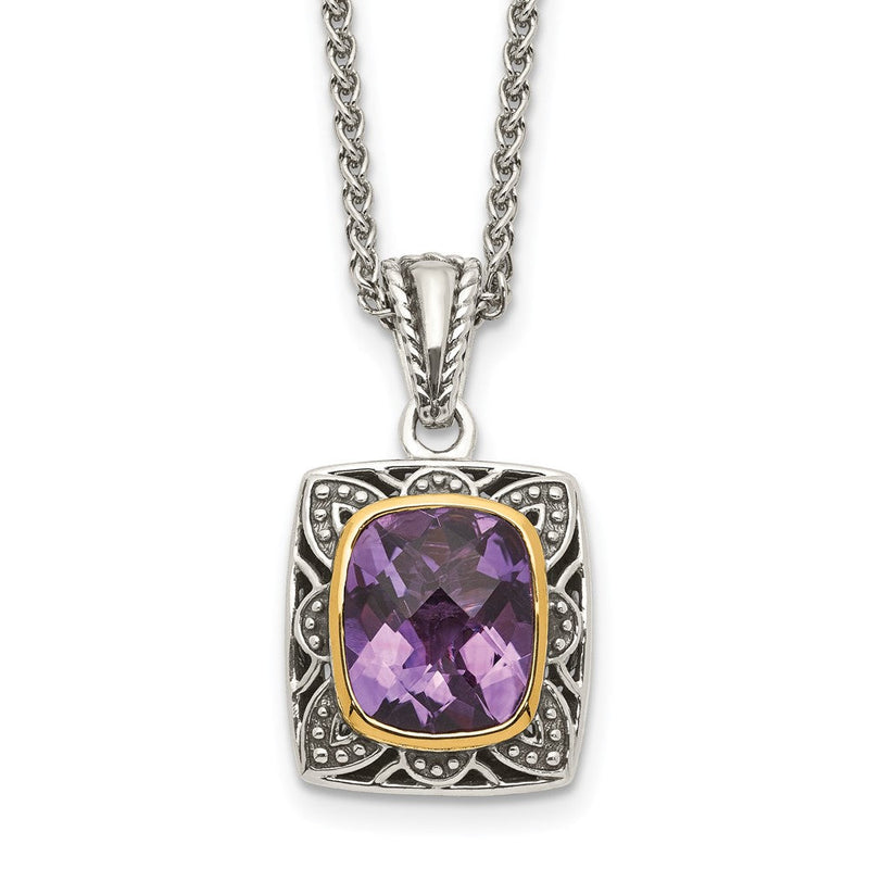 14K/silver Bicolor Shey Couture Sterlingsilber mit 14K Akzente 18 Zoll Antikisiert Schachbrett Schliff Kissen Zargenfassung Amethyst Halskette