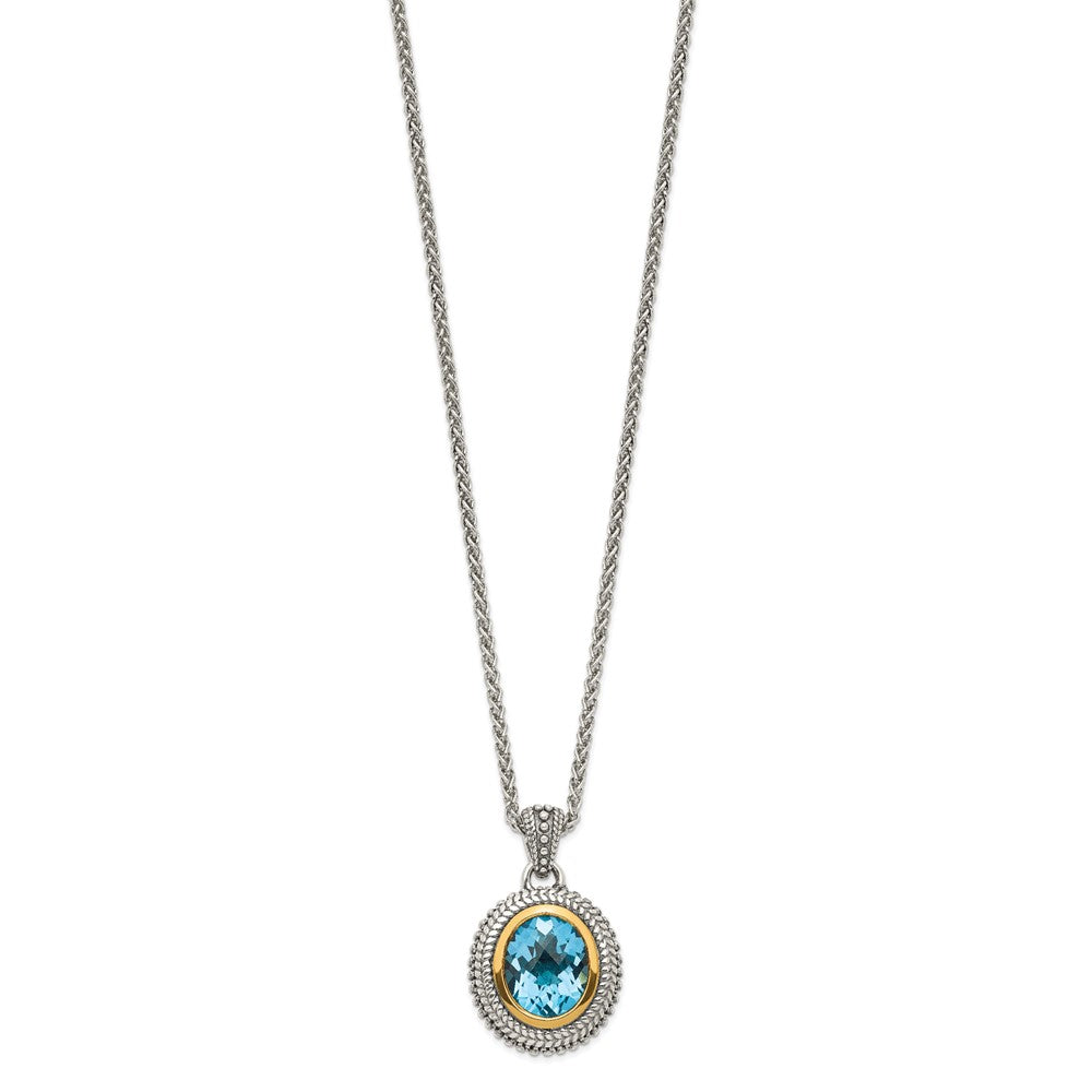 14K/silver Bicolor Shey Couture Sterlingsilber mit 14K Akzente 18 Zoll Antikisiert Oval Zargenfassung Licht Schweizer Blautopas Halskette
