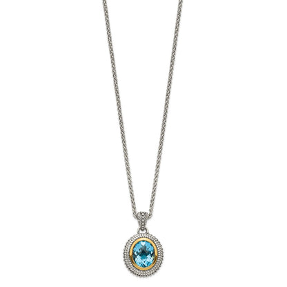 14K/silver Bicolor Shey Couture Sterlingsilber mit 14K Akzente 18 Zoll Antikisiert Oval Zargenfassung Licht Schweizer Blautopas Halskette