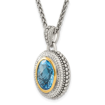 14K/silver Bicolor Shey Couture Sterlingsilber mit 14K Akzente 18 Zoll Antikisiert Oval Zargenfassung Licht Schweizer Blautopas Halskette