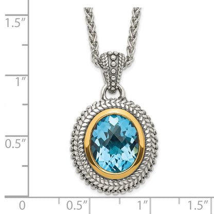 14K/silver Bicolor Shey Couture Sterlingsilber mit 14K Akzente 18 Zoll Antikisiert Oval Zargenfassung Licht Schweizer Blautopas Halskette